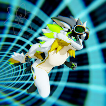 Green and white novabeast jumping through a sci-fi tunnel