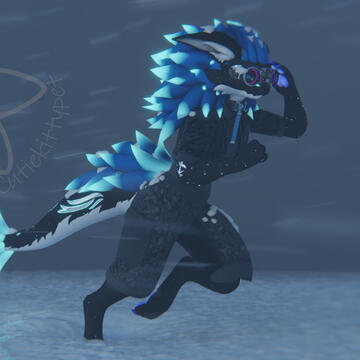 Blue and black novabeast trudging through a snowstorm