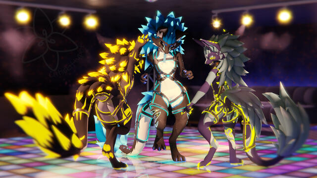 Three novabeasts dancing on a disco floor